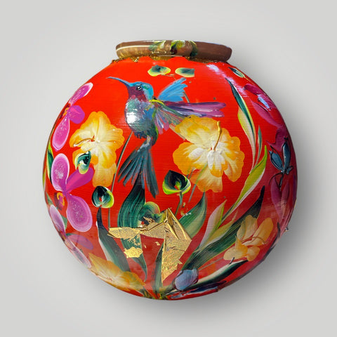 groot huisje |  Rood met vogels en oriëntaalse bloemen |